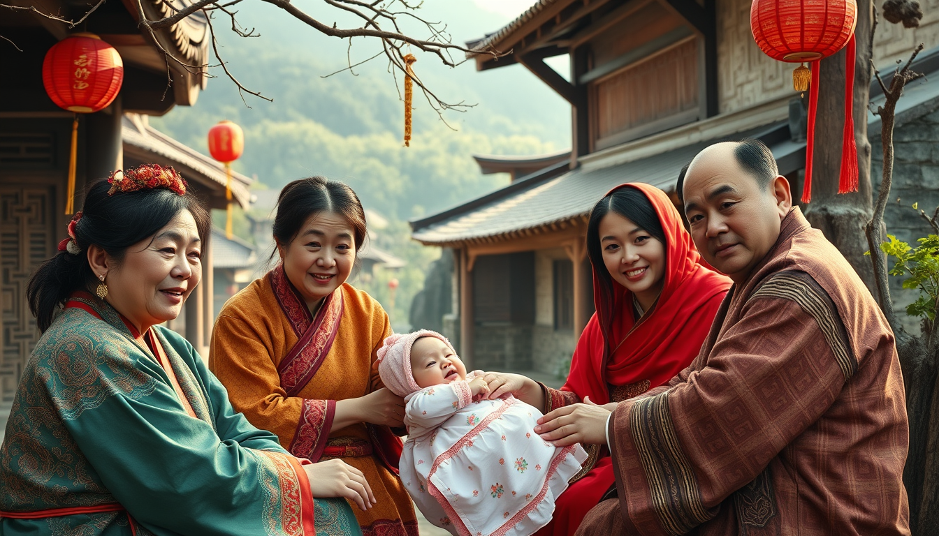 Main art studio: An ancient chinese village with a nobel family where a baby girl is born. New born baby. Show the new born surrounded by family