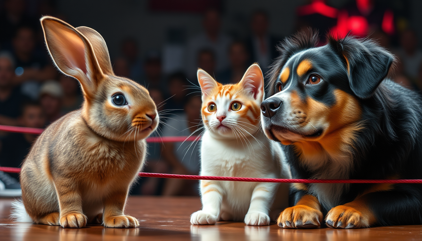 Main art studio: a bunny a cat and a dog watching pro wrestling