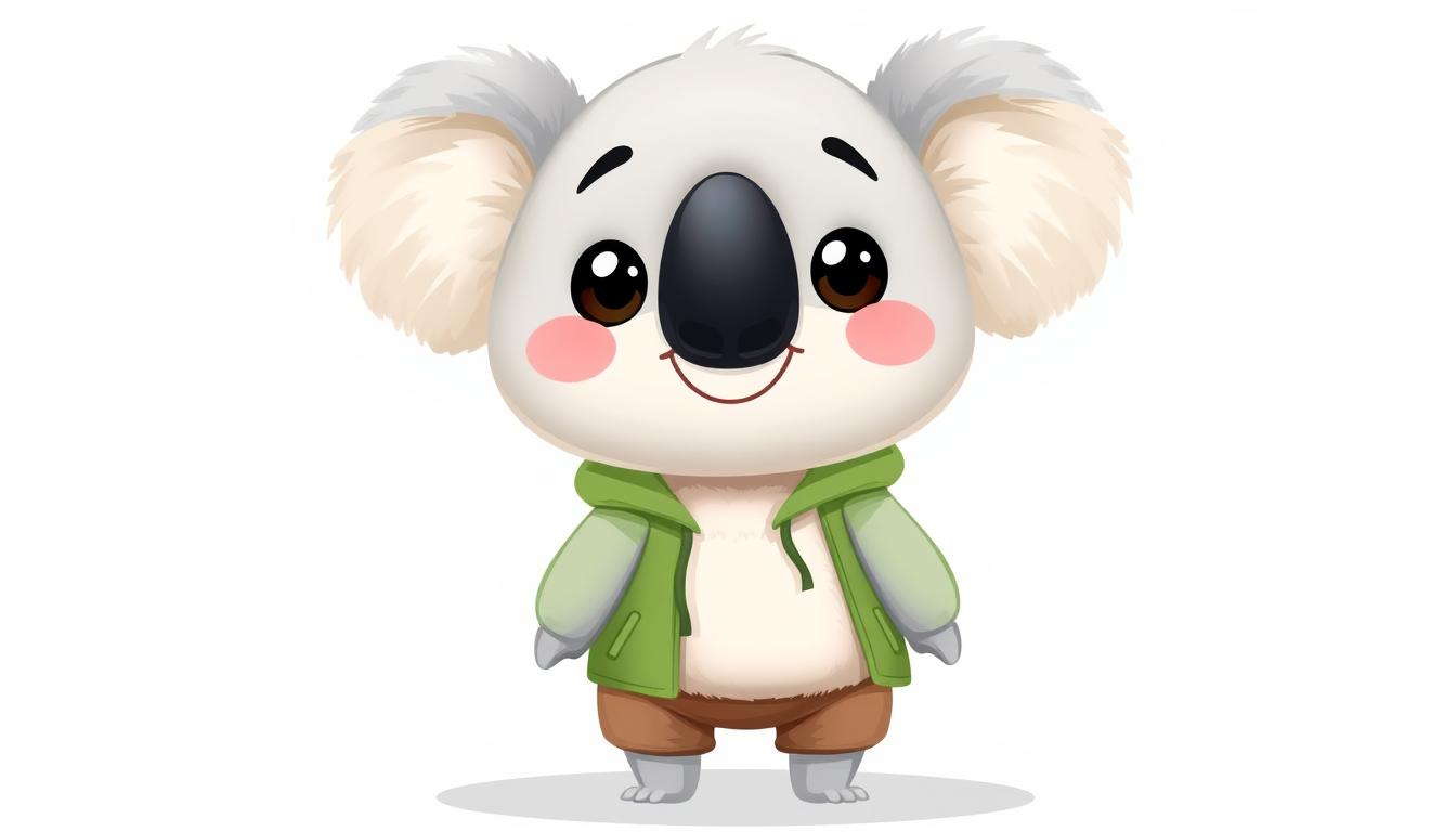 Main art studio: A cute 2D cartoon koala character, standing upright like a human. Light gray fluffy fur, big round fluffy ears, a large black oval nose, big expressiv