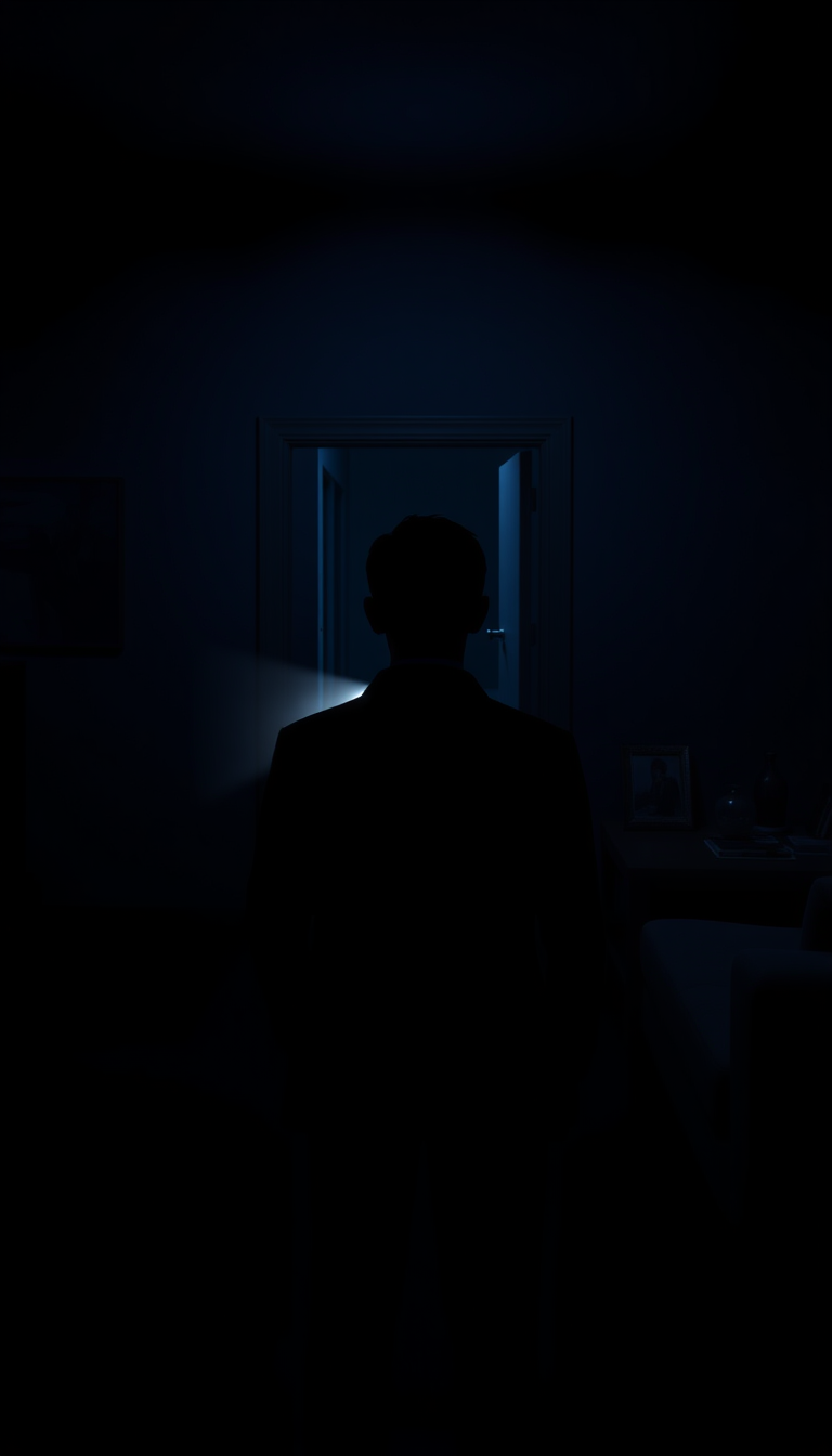 AI Art prompt example created from the prompt: First-person view standing in a completely dark living room at night, looking over one shoulder toward an empty hallway behind the viewer, h