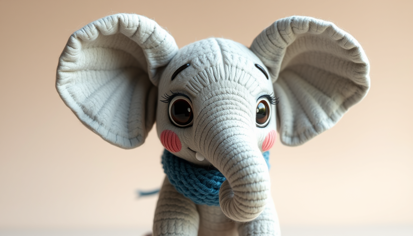 Main art studio: Ellie — a cute baby elephant with light-gray wrinkled skin, oversized floppy ears, big friendly round eyes with long lashes, a short curled trunk, and