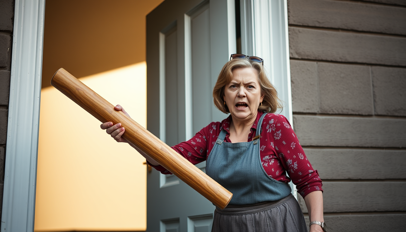 Main art studio: crazy wife wielding large rolling pin aloft angrily waiting at front door