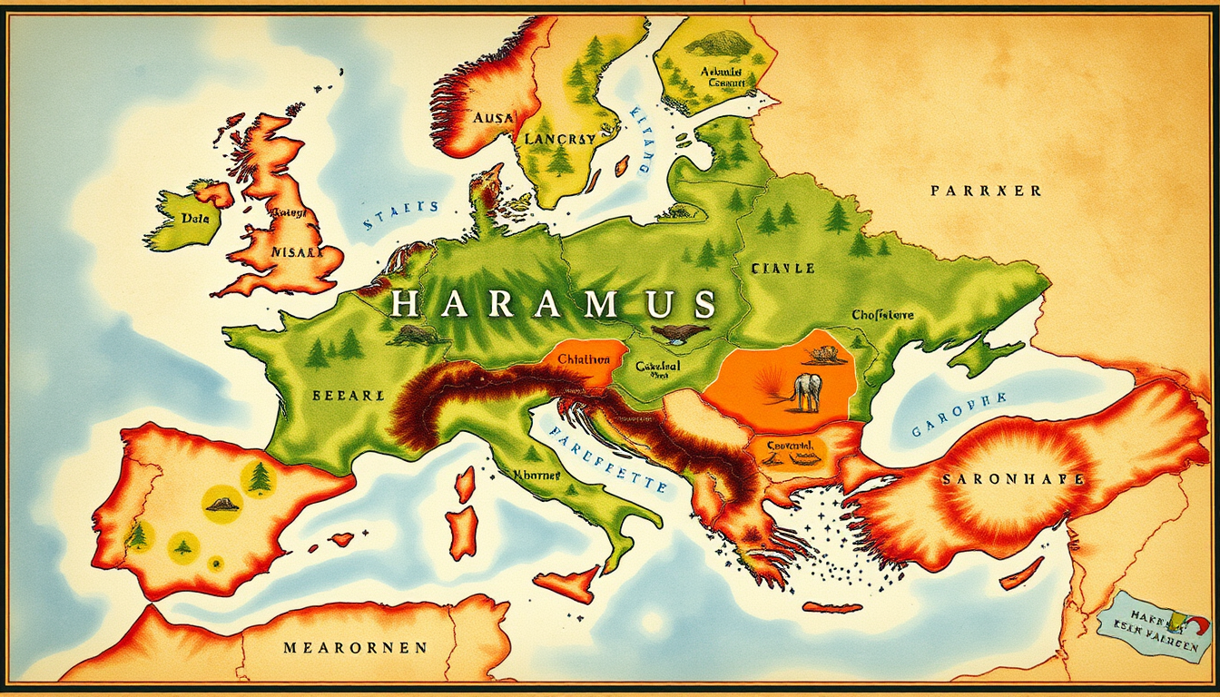 Main art studio: mache fuer mich eine karte die du selbst erfunden hast.dass land soll HARAMUS heissen.sie soll nicht aussehen wie europa. mit fluessen bergen staetten
