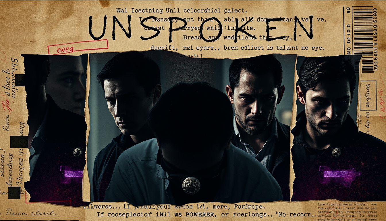 AI Art prompt example created from the prompt: Premium cinematic YouTube banner for “Unspoken”, dark editorial psychological aesthetic, several mysterious male figures in different poses,