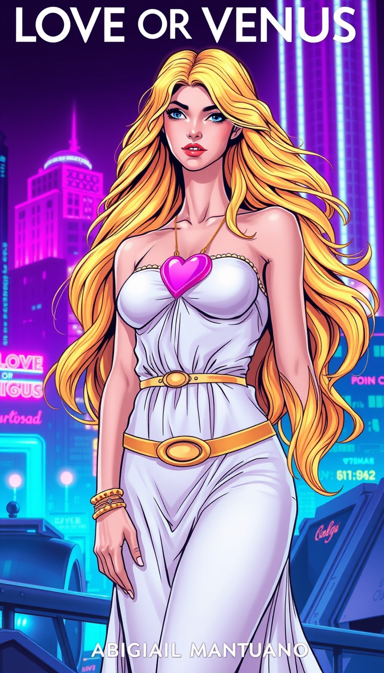 Main art studio: Vertical comic cover, 1980s retro-futuristic synthwave style. Venus, Roman goddess of love, with VERY LONG golden blonde hair reaching below her waist