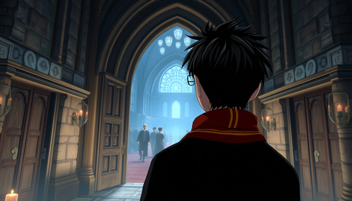 Main art studio: 2D Japanese anime movie scene of Harry Potter entering the grand entrance of Hogwarts castle, seen from behind, messy black hair, round glasses visibl