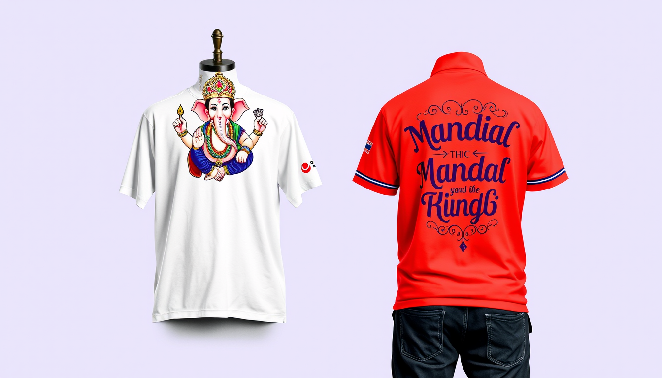 Main art studio: Plain t shirt in front ganpati mandal logo on one side and in back mandal name भद्रा मारुती गणेश मंडळ नावापुर with small design of maruti and t shirt 
