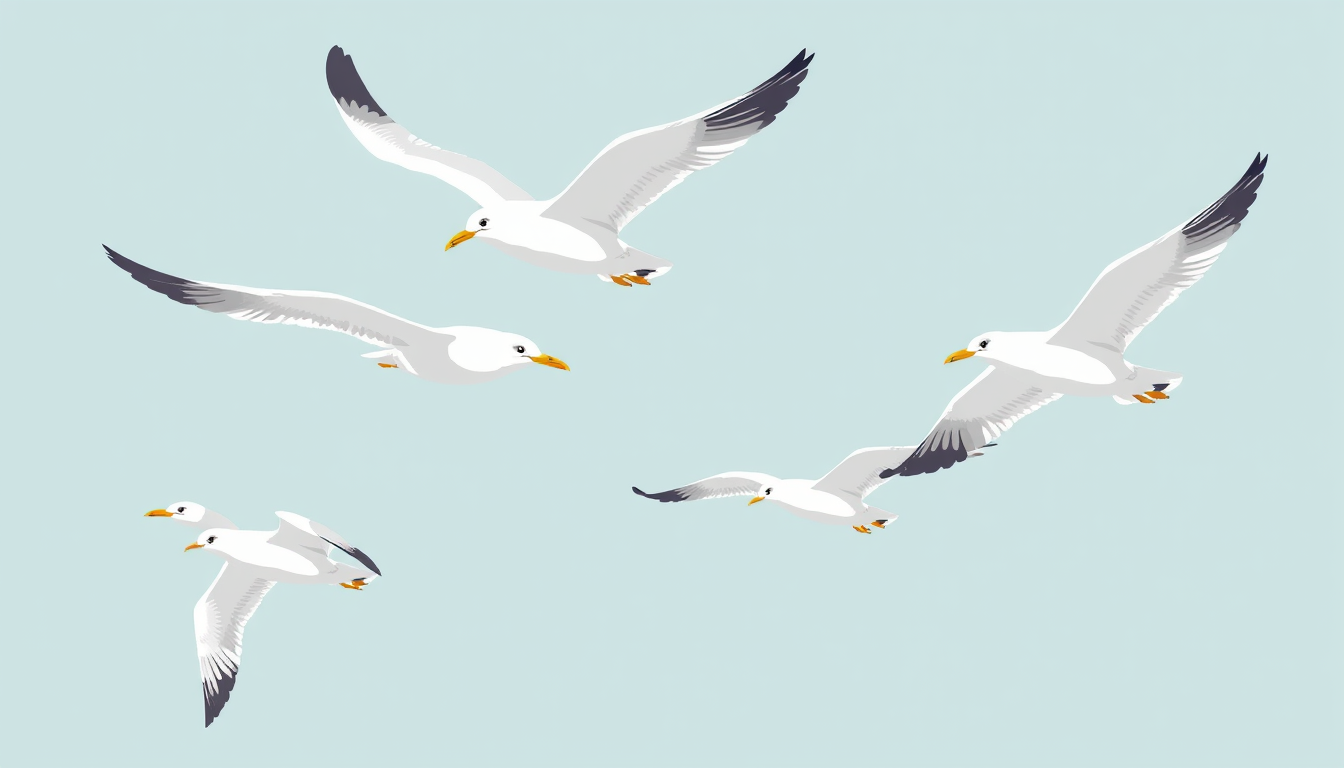 AI Art prompt example created from the prompt: Create an illustration for me featuring stylized seagulls in flight, in a contemporary illustration style