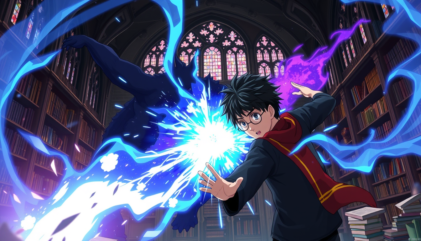 Main art studio: Epic 2D Japanese anime movie battle inside Hogwarts library, Harry Potter with messy black hair, round glasses, lightning scar and red gold Gryffindor