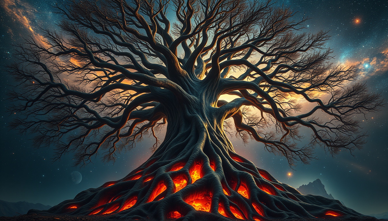 Main art studio: An enormous ancient tree reaching into the stars, glowing roots surrounding the Earth, galaxies woven through its branches, mystical atmosphere, ultra