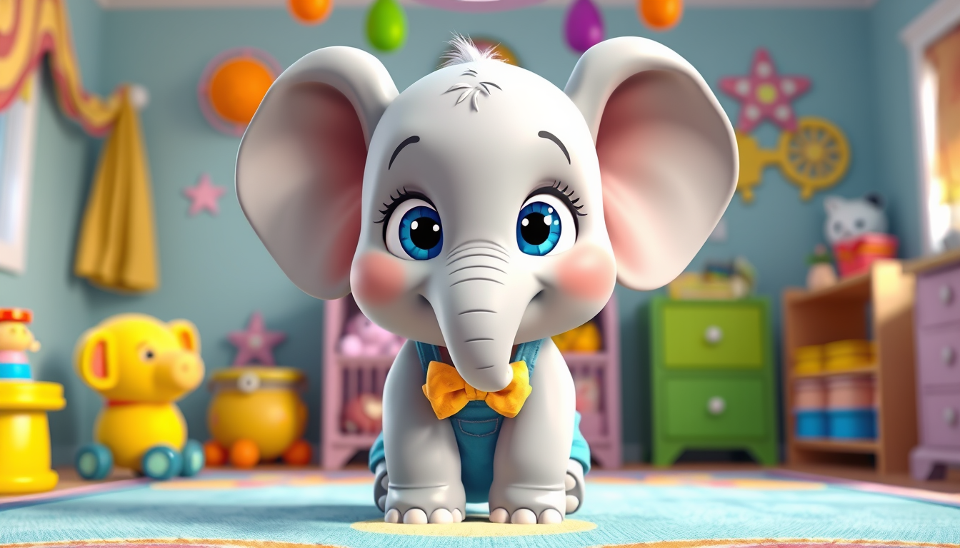 Main art studio: Cute 3D cartoon baby elephant named Ellie, big blue eyes, light gray skin, large floppy ears, small trunk, wearing a yellow bow and blue overalls, smi