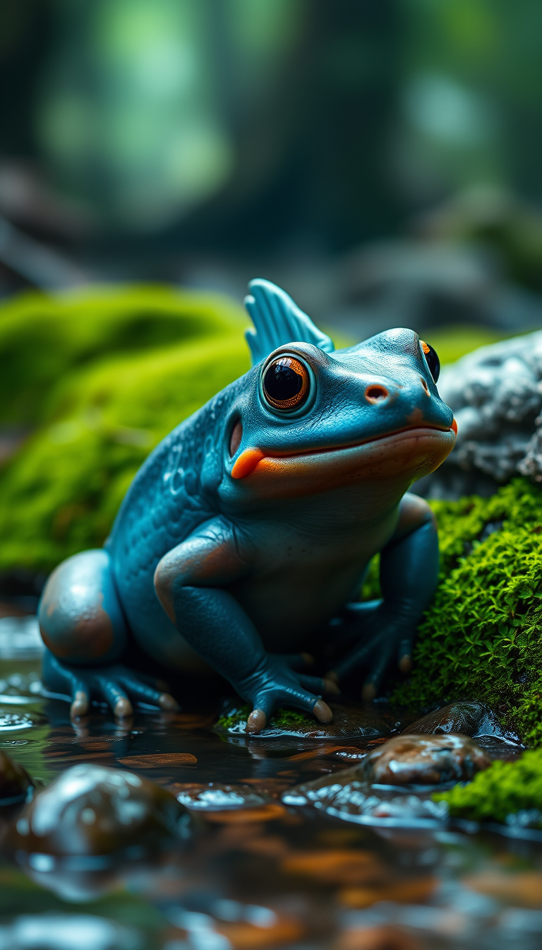 Main art studio: Photorealistic Mudkip as a real living amphibian, preserving its iconic blue body, orange cheek gills, large eyes, and head fin. Detailed moist skin, 