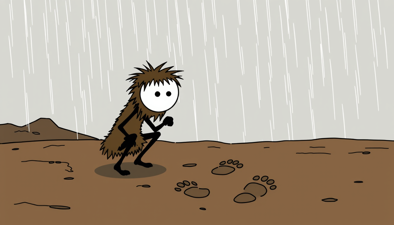 Main art studio: 16:9 full-screen 2D webcomic. Unmistakable prehistoric STICK MAN: huge perfectly circular white head, exactly two black dot eyes, messy spiky dark-bro
