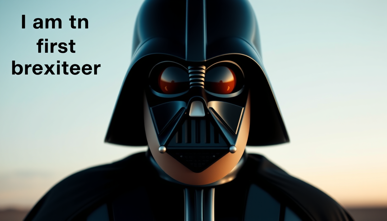 Main art studio: Can you make a meme with "I am the first brexiteer" with a picture of Darth Vader but the egg head under the helmut