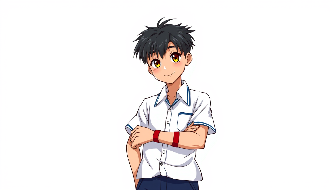 Anime idea: anime style, vibrant colors, expressive eyes, Original Japanese shonen anime character, a 16-year-old Malaysian Chinese schoolboy, messy short black h
