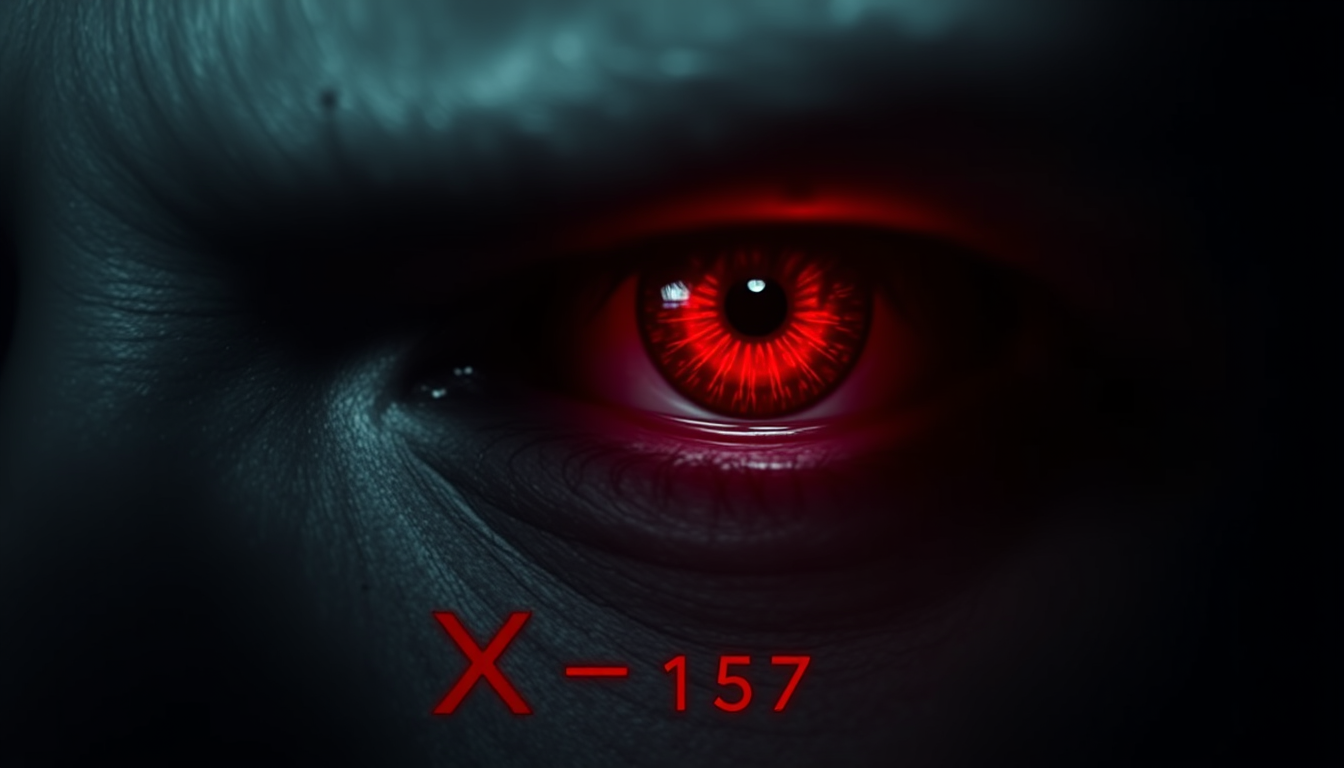 Main art studio: An angry right eye with the phrase X-157 underneath. Dark and foreboding maybe even ethereal.