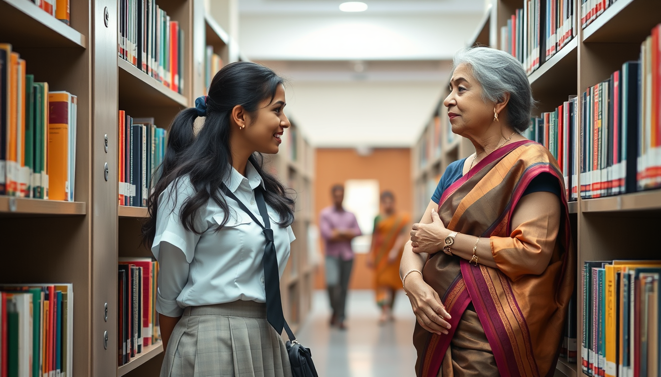 Main art studio: Landscape photorealistic Indian school brochure photo: 18-year-old female student in neat modest shirt skirt school uniform and elegant female teacher