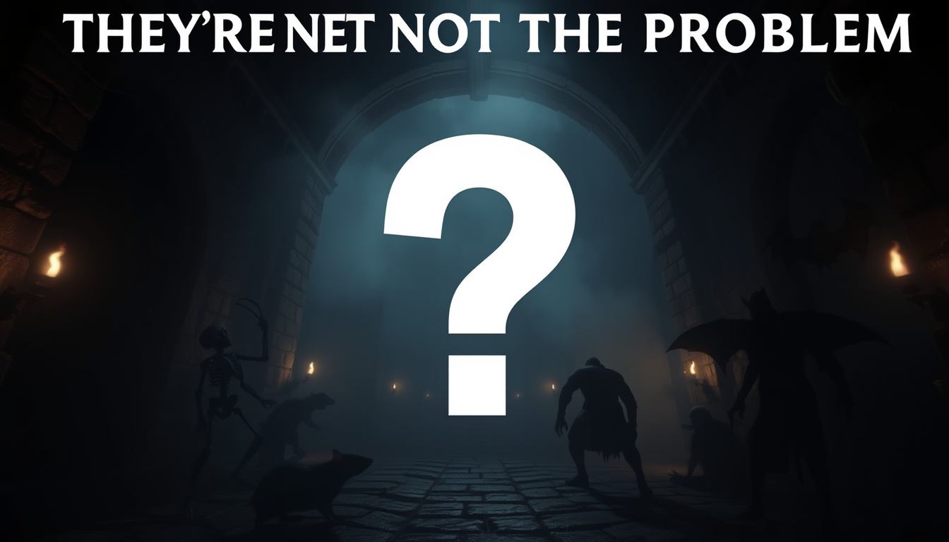 Main art studio: Dark cinematic RPG dungeon, medieval stone corridor, fog, deep shadows and dramatic torchlight. Six threatening monster silhouettes: skeleton, plague 