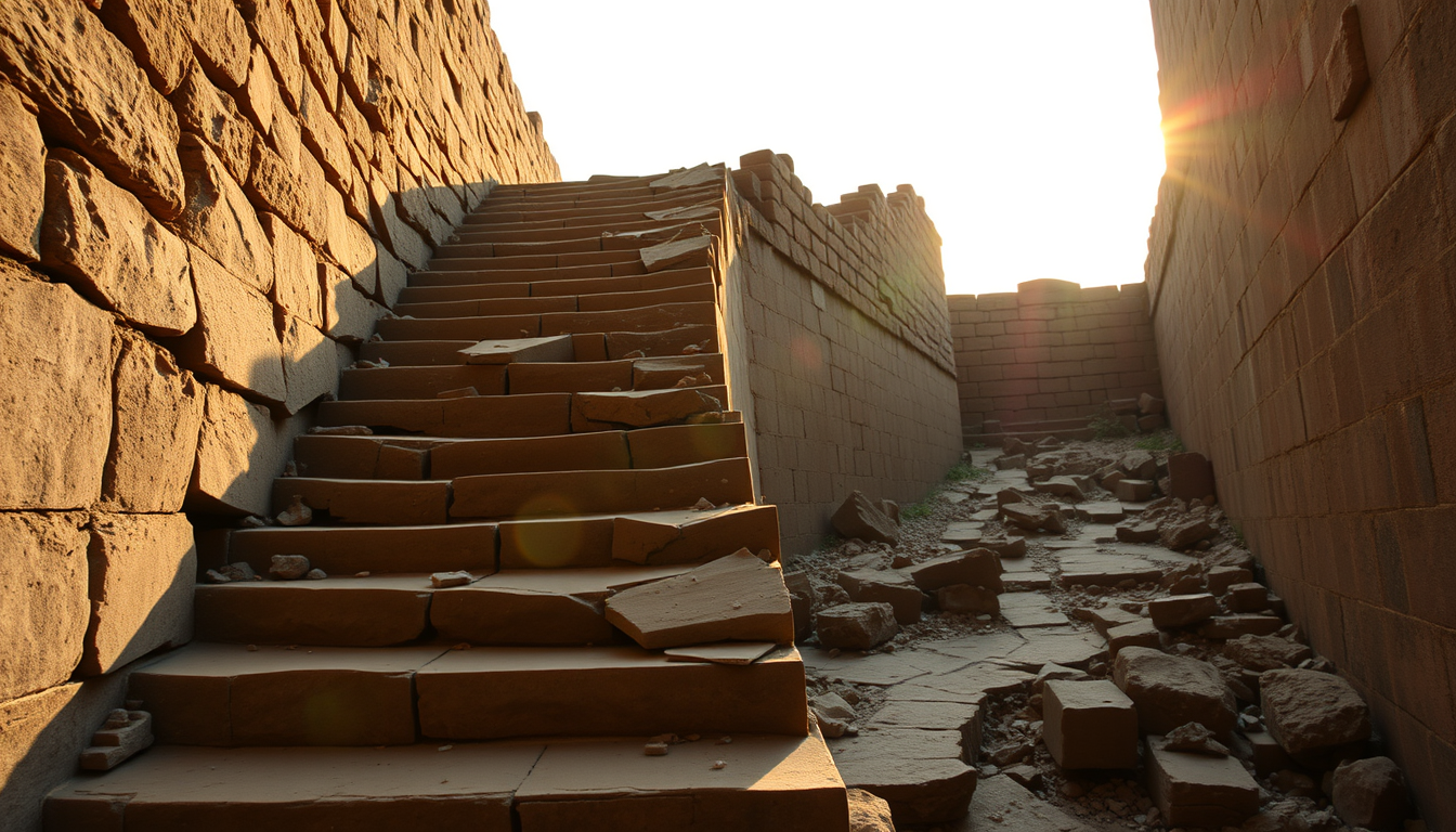 Main art studio: Damaged uneven sandstone stairs inside Bhangarh Fort, broken stone edges, loose rocks and old walls, fading evening sunlight revealing physical hazard