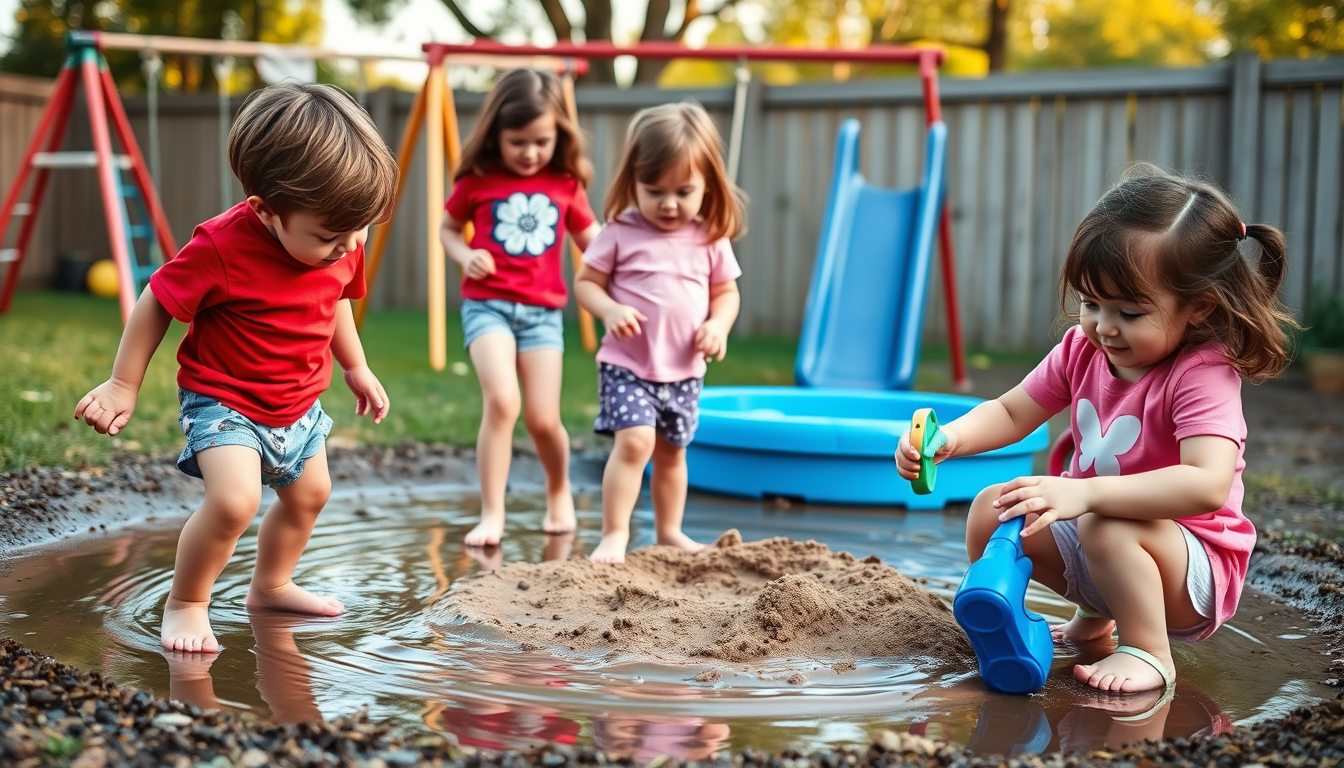Main art studio: 4 year old boy with brown hair wearing red shirt, blue and white underwear. And barefooted playing outside in a backyard with swing set and slides in