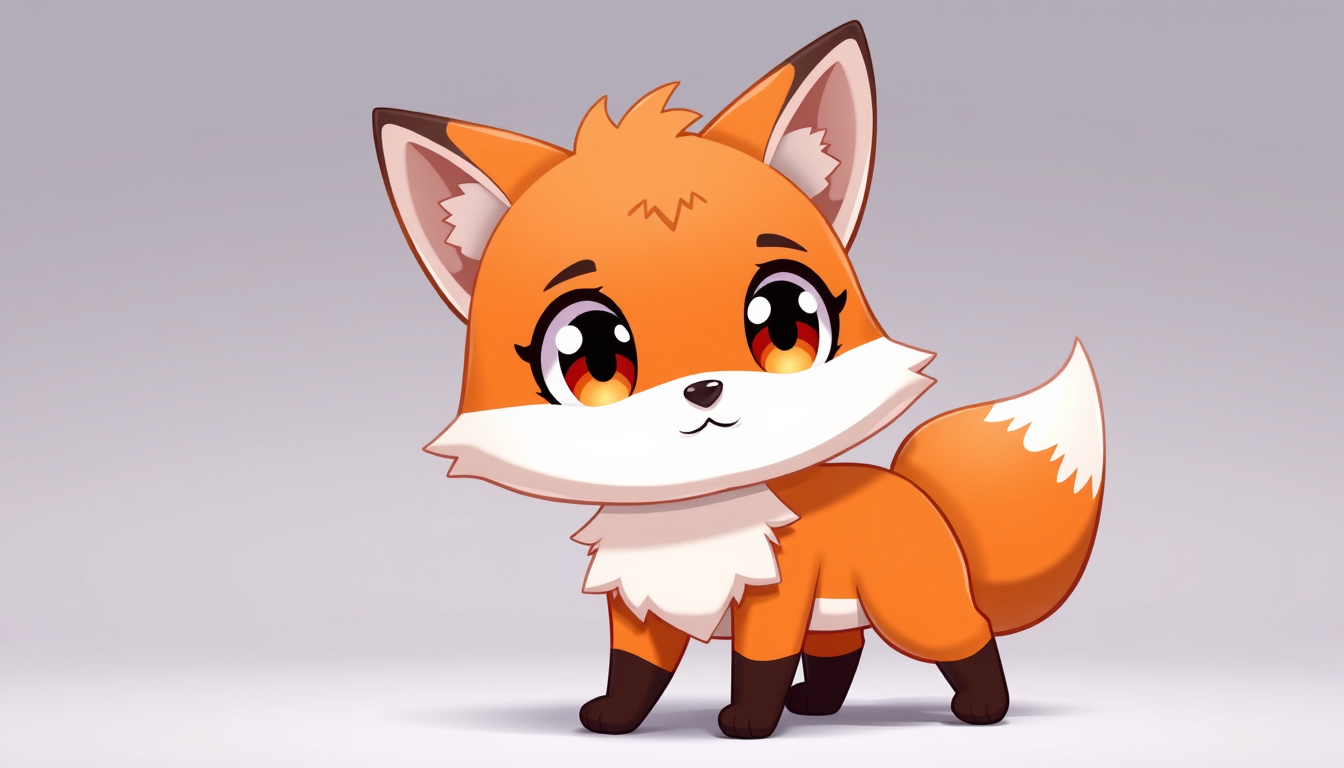 VTuber idea: vtuber avatar character, anime style, expressive face, streaming-ready design, cute chibi anthropomorphic orange fox, big shiny eyes, fluffy fur, whit