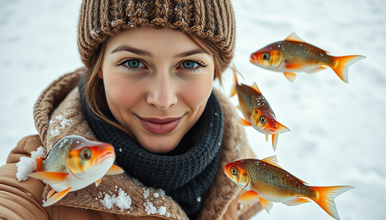 AI Selfie idea created from the prompt: reference-guided selfie-style portrait, natural face and expression, coherent wardrobe and background, Three fish swimming in snow , flatter