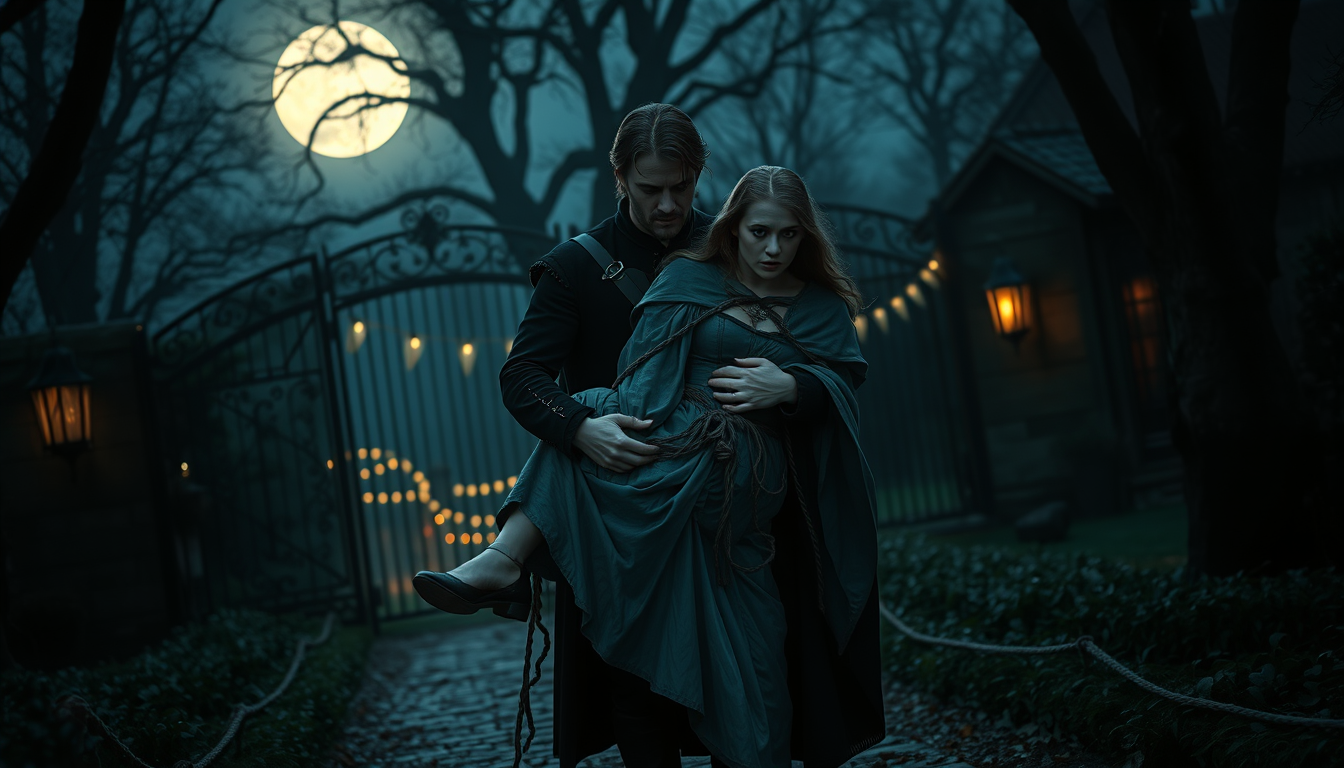 Main art studio: A low-fantasy moonlit royal garden escape scene: a bold prince in dark medieval attire carries a captured princess through shadowy palace gardens towa