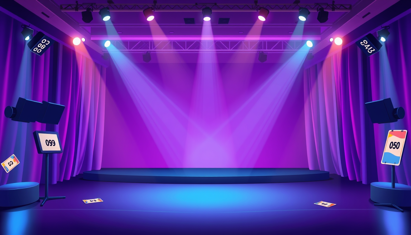 Main art studio: Un décor de scène de jeu télévisé pour une tombola, ambiance amusante et énergique, fond violet foncé et bleu nuit, lumières colorées autour de la scè