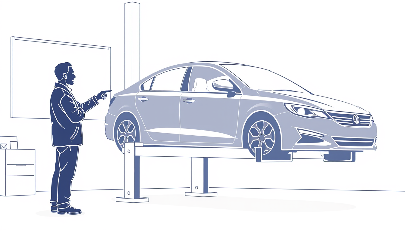 Main art studio: Minimalist editorial line-art illustration. Two people, an auto mechanic and a car owner, standing beside one complete normal car on a lift. Both peop