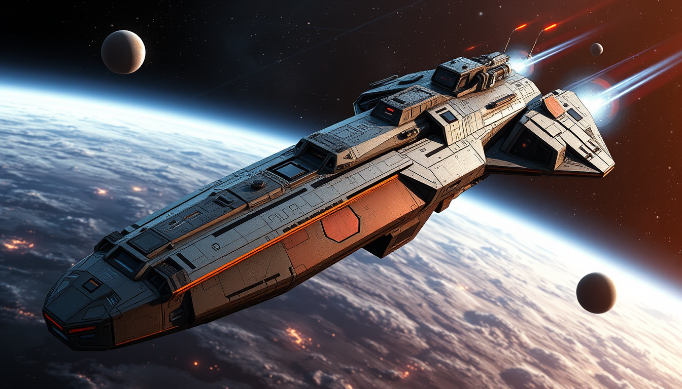 Spaceships idea: sci-fi spaceship concept art, detailed hull, deep space background, planos fragata modificada tipo pegaso , full spaceship design illustration