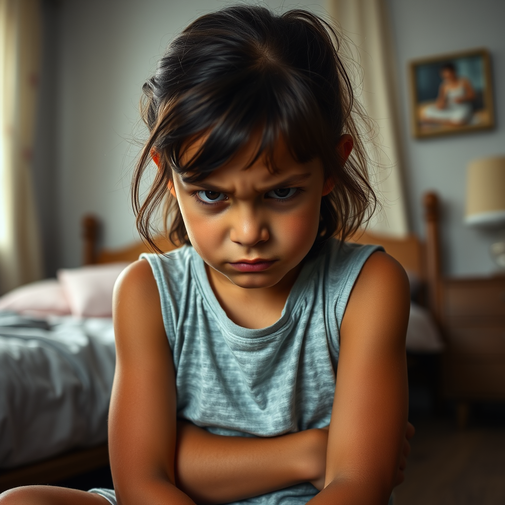 Main art studio: dark tanned 10 year old with girl dark brown hair sitting in a bedroom, head tilted down, very angry and wrinkly, many wrinkles, wrinkled nose