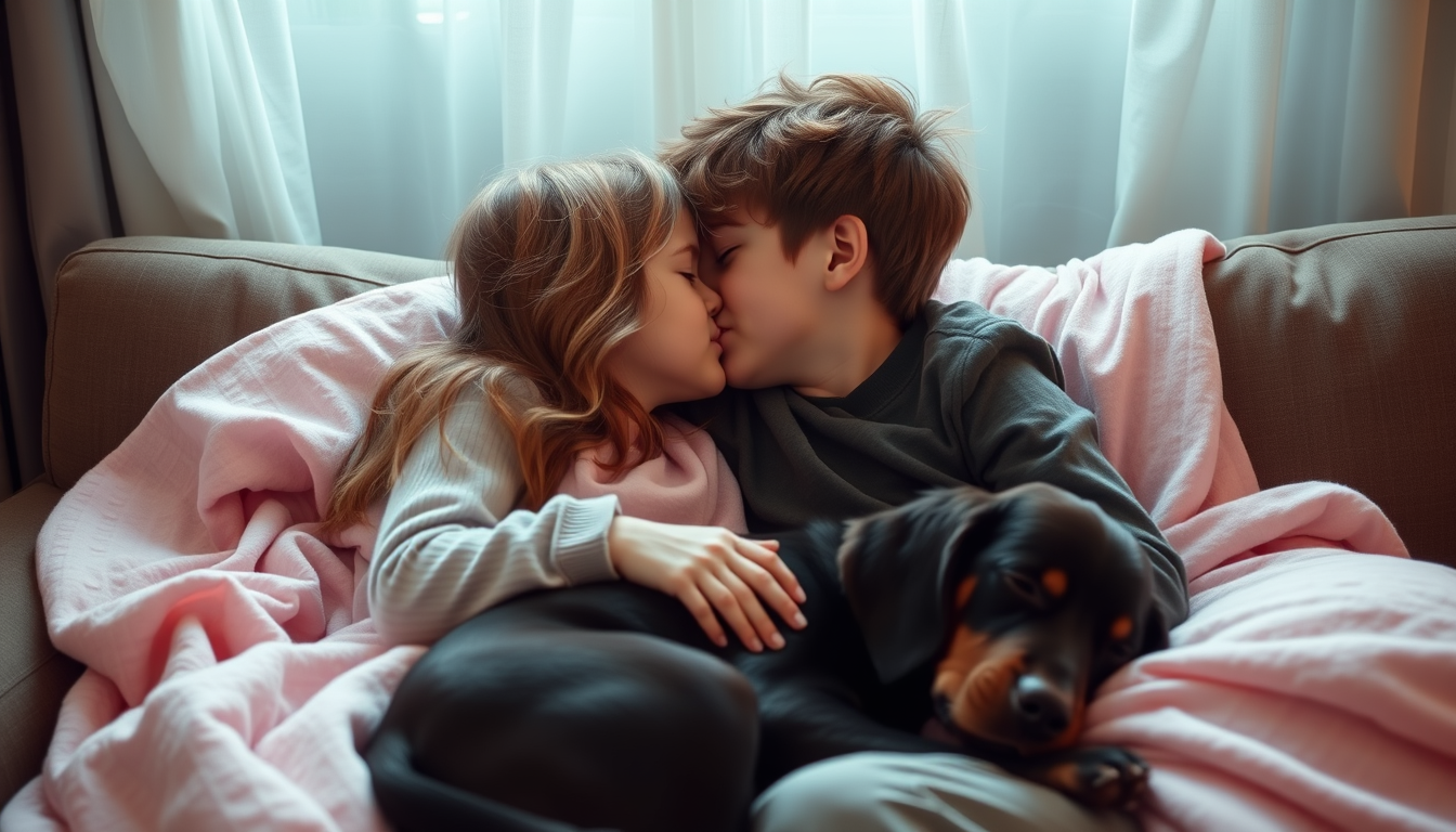 Main art studio: Me (Holly a 11 year old girl with light brown hair) kissing Nikita (Niki) a 11 year old boy with dirty brown hair from Vlad and Niki under a soft pink