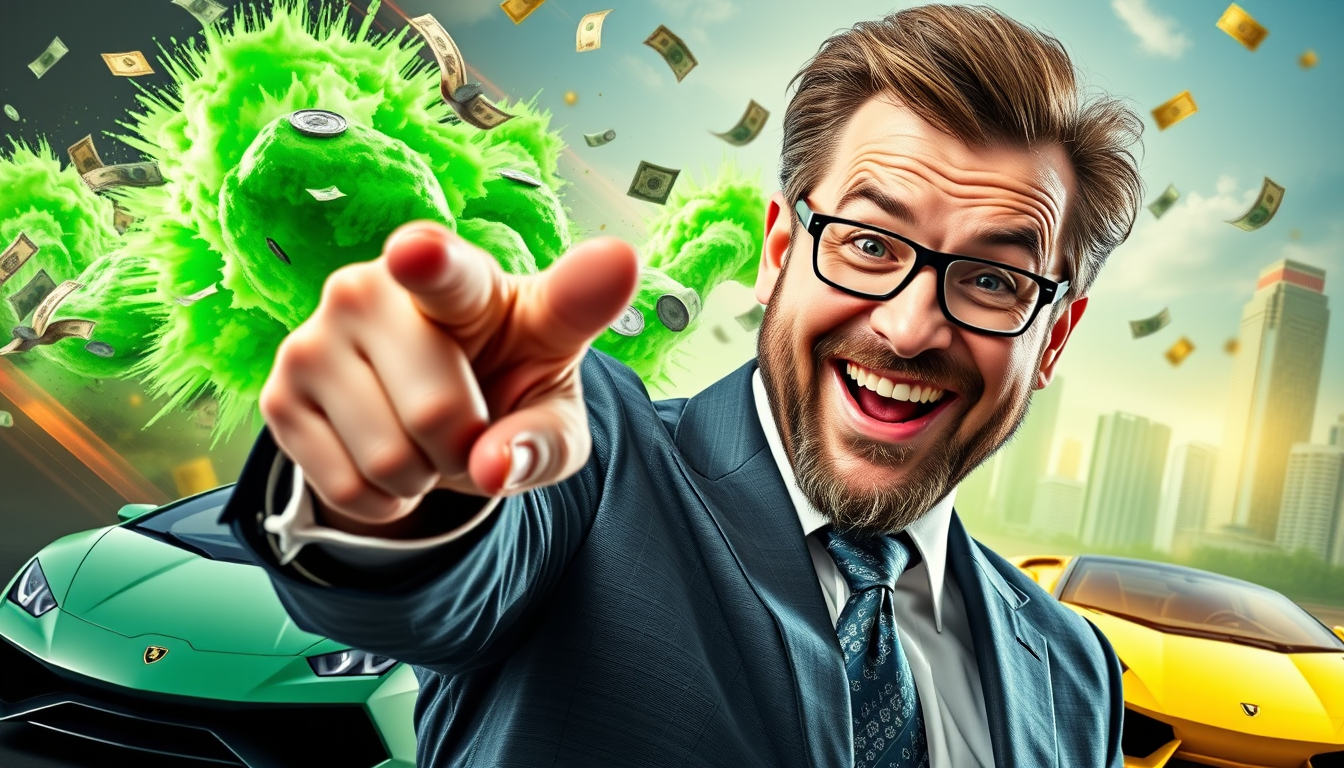 Main art studio: YouTube finance clickbait thumbnail, 16:9. Exaggerated financial guru in expensive suit, pointing at viewer with huge confident smile. Behind him: exp