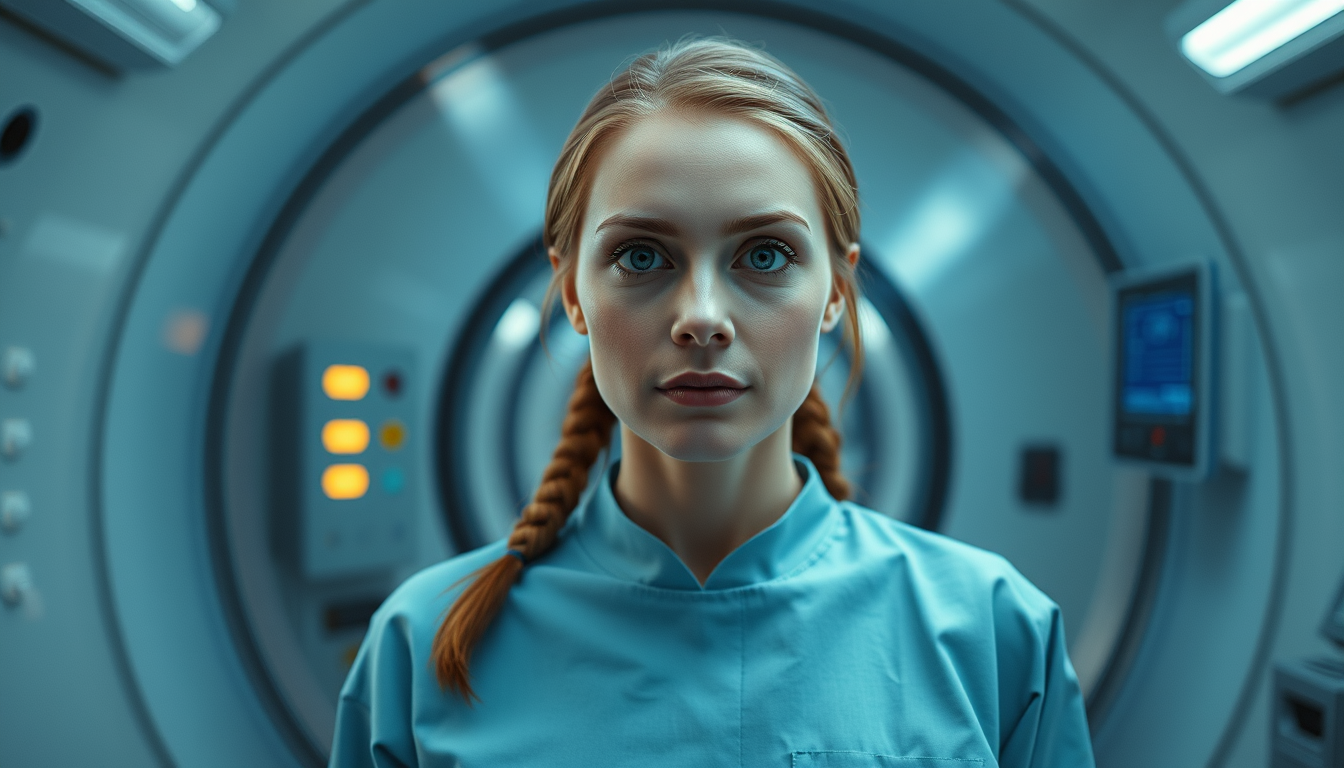 Main art studio: Front cinematic camera view of Anna. Preserve Anna, Leo, cryotube, laboratory, lighting and scene exactly. Change camera viewpoint fullbody front view