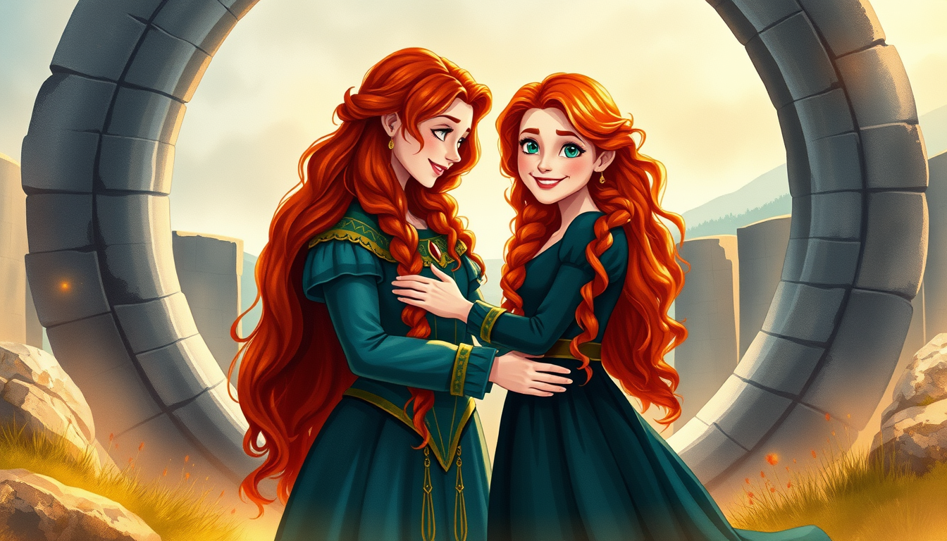 Main art studio: Merida and Queen Elinor stand together in the ancient stone circle. Elinor is human again, with long dark brown hair and an elegant blue royal dress.