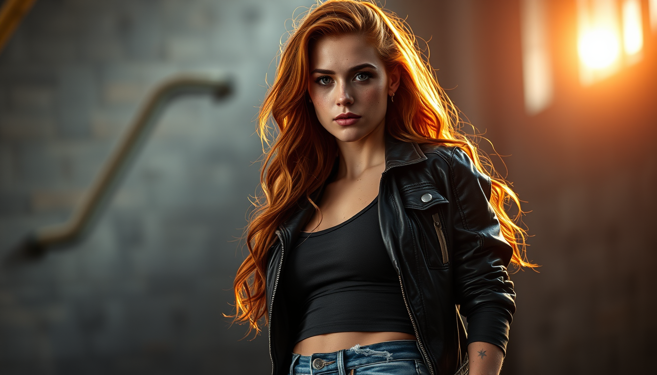 Main art studio: A photorealistic portrait of an athletic adult woman with long wavy red hair and freckles, standing in a confident fashion pose after an intense worko