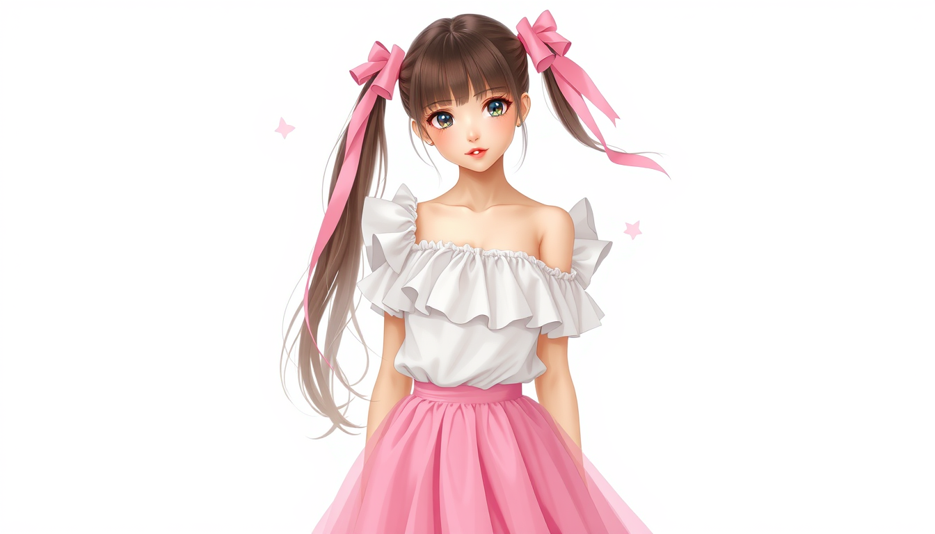 Main art studio: A pinky girl with ribbons on shoulders and wears off shoulder( white) and pink skirt