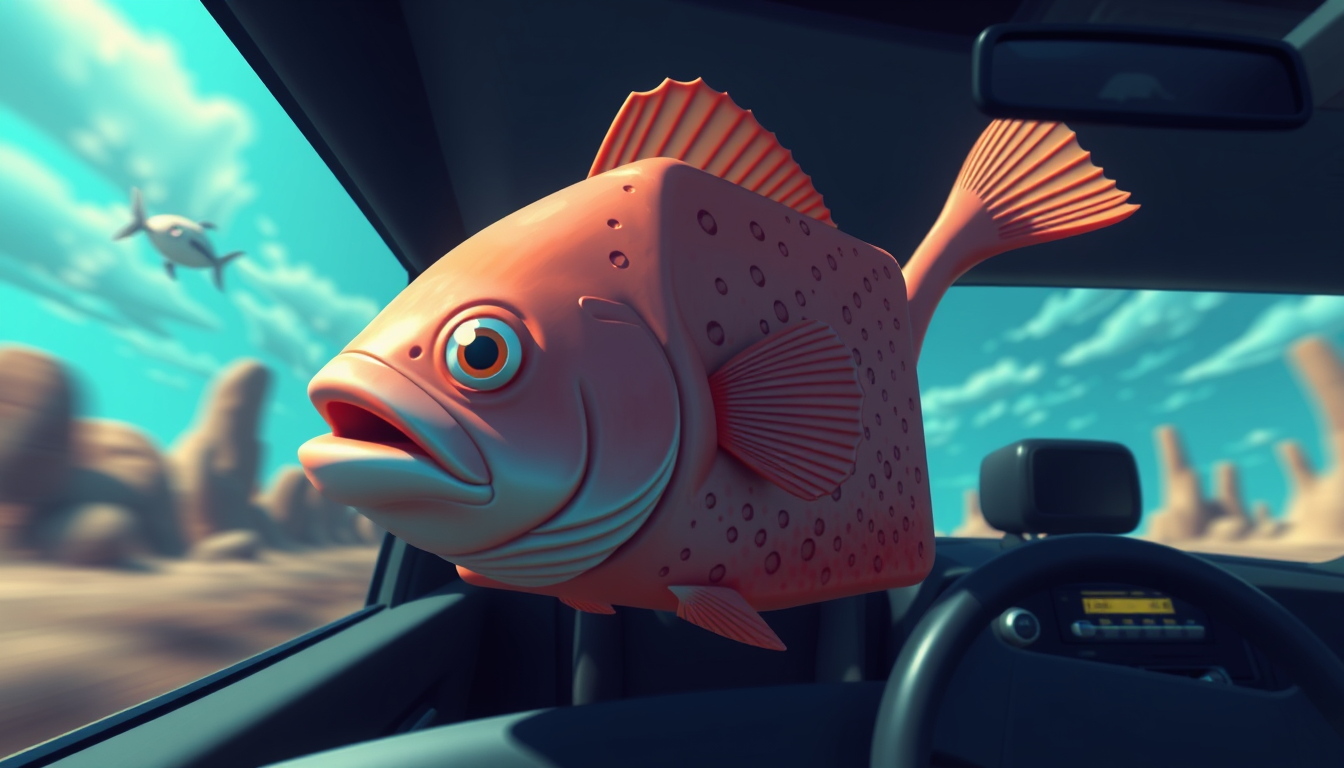 Main art studio: A big fish in the shape of a cube riding in a car