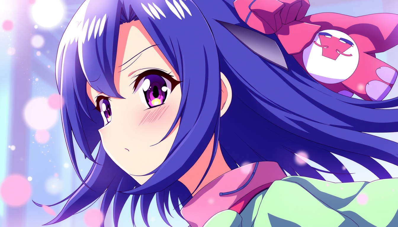 Anime idea: anime style, vibrant colors, expressive eyes, 여자고 머리는 긴머리에 끝부분만 펌하고 머리색은 위에는 연노랑 아래에는 연파랑으로 해주고 눈은 민트색 신발은 흰색 부츠 옷은 귀살대 대원복 치마로 해주고 귀멸의 칼날 시노부 하오리에다가