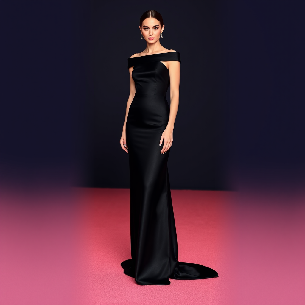 Main art studio: Luxury black straight gown, off-the-shoulder neckline, smooth silk satin fabric, body-skimming silhouette, floor-length dress with a small elegant tra