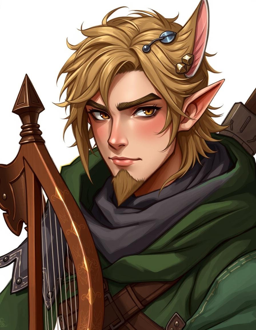 RPG Characters idea: RPG character portrait, fantasy class outfit, detailed illustration, Un halfelin ménestrel masculin. Petit bouc et mèche sur le côté. Yeux pétillants 