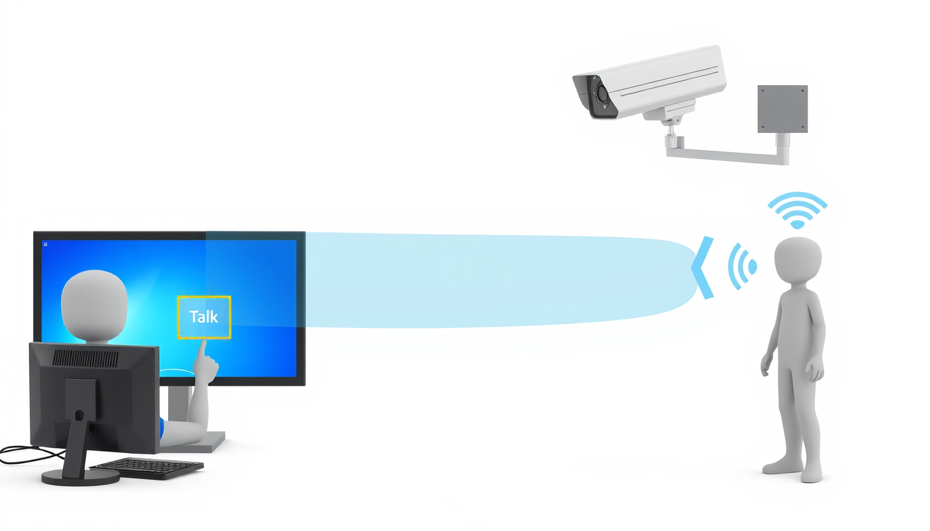 Main art studio: Realistic 3D NVR Talk workflow. Left: one real person at a desktop PC clicking the highlighted “Talk” button. Right: another real person standing unde