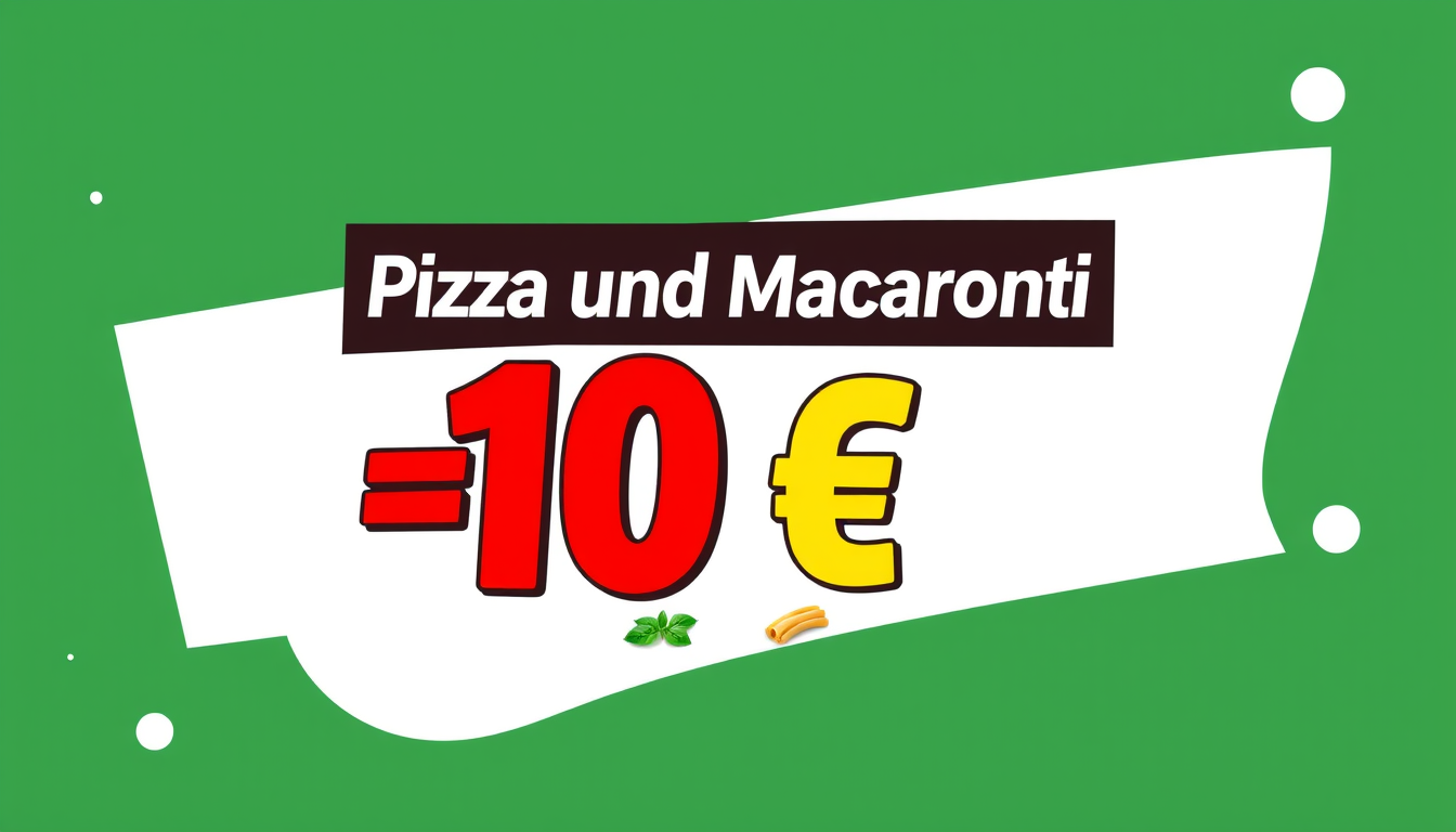 Graphic idea: modern graphic design, clean layout, strong visual hierarchy, bold shapes, space for headline, Pizza angebot Pizza und Macaroni 10 Euro , polished gra