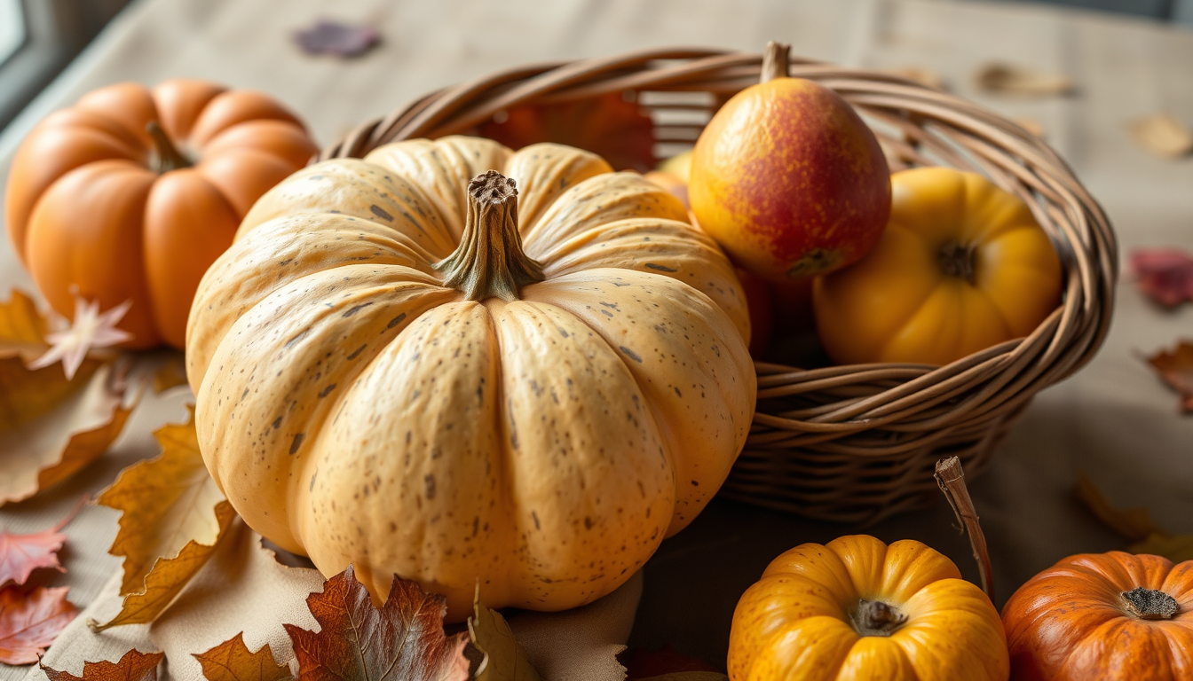 Main art studio: Pumpkin and Quince in a basket on a table with other autumn fruits