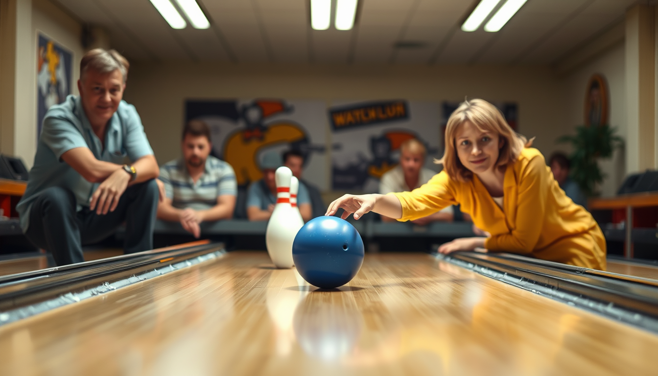 Main art studio: bowling spielen 3 erwachsene und einmal ich 15 jahre und ca 1,50m groß ich bin grad dran und man sieht wie ich als person grade einen strike hit die e