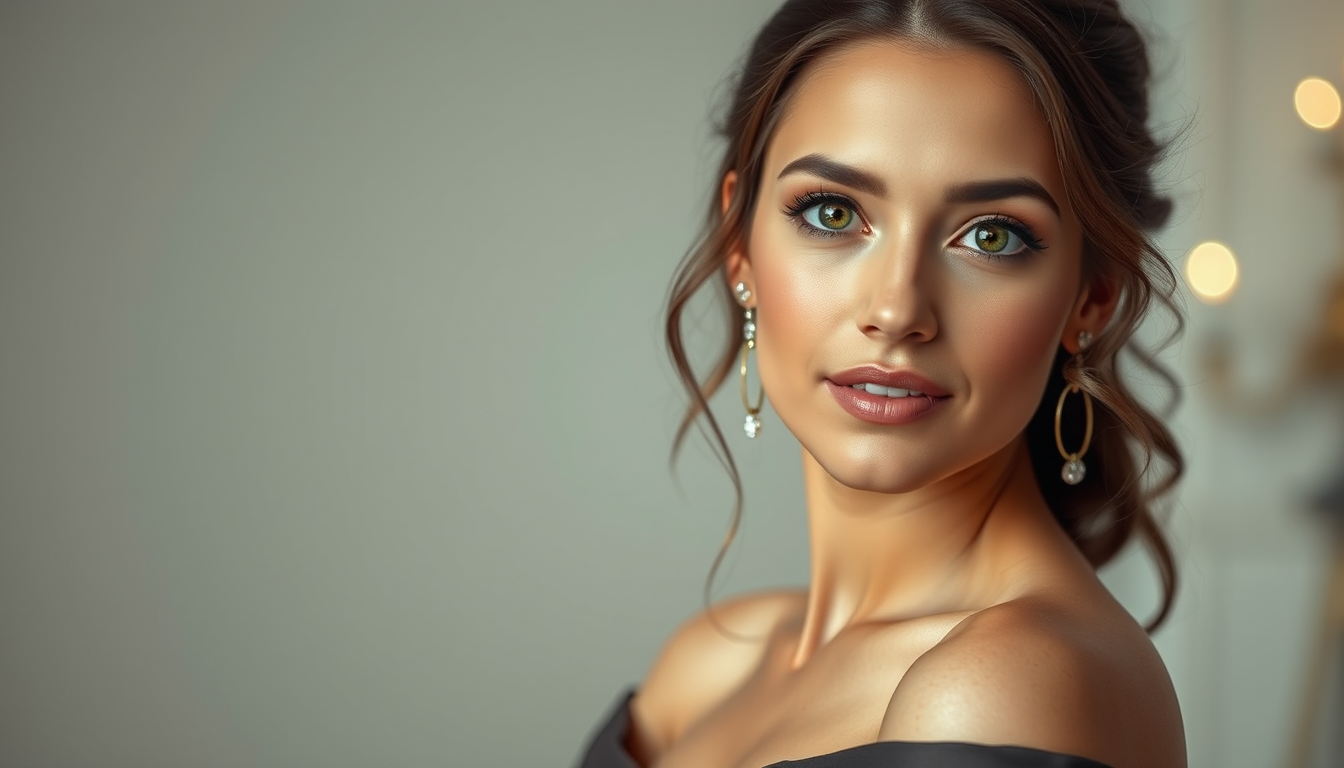 Main art studio: age in 20beautifull girl, elegant evening dress, off-shoulder outfit, glamorous close-up, soft lighting, confident pose