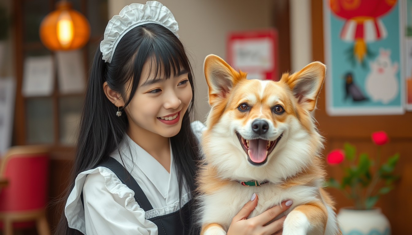 Main art studio: Korean black long hair girl wear maid and acting dog brause of someone