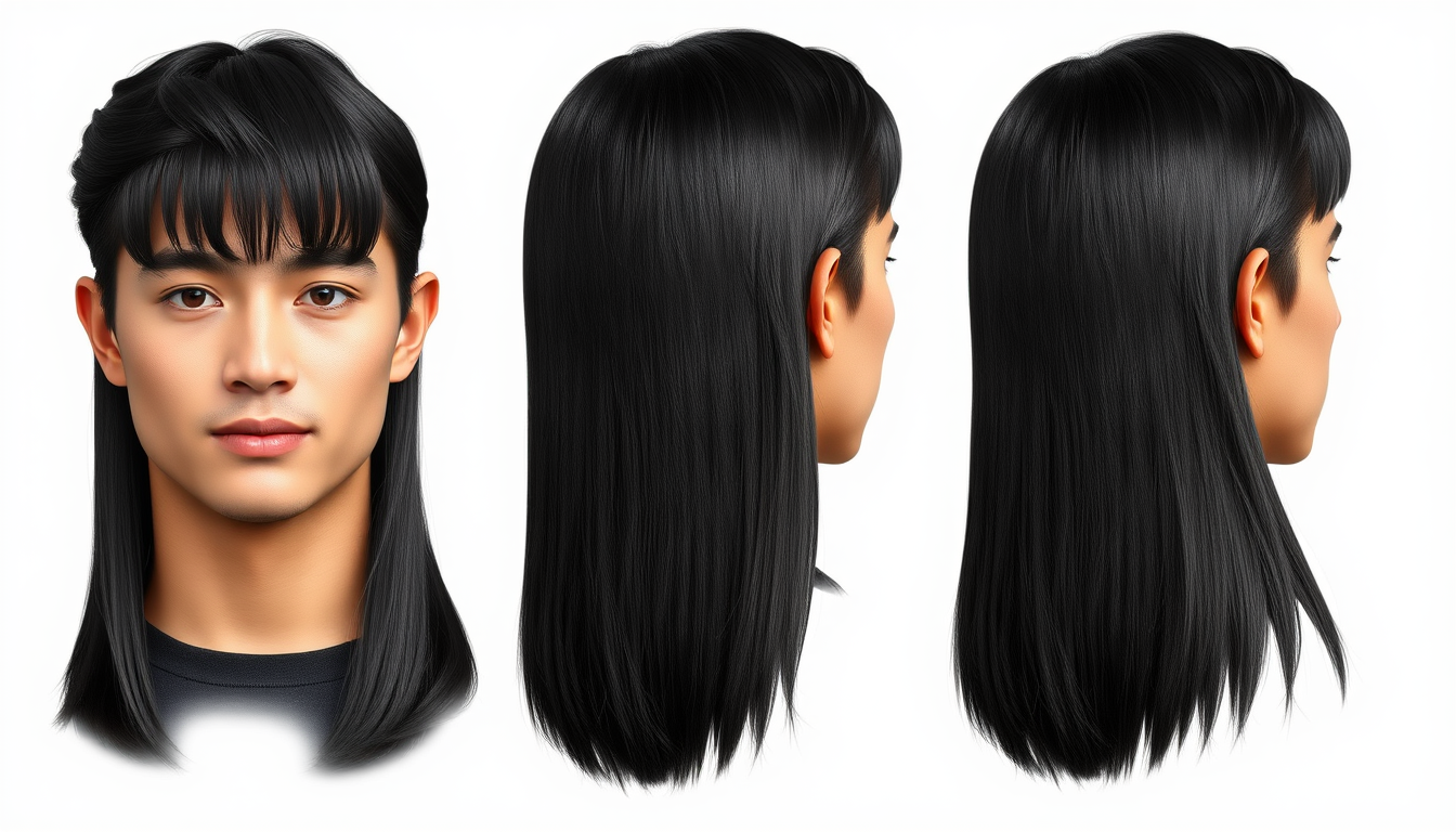 Main art studio: Create a photorealistic men's hairstyle reference sheet showing the same young man from the front, both side profiles, and the back. Medium-long strai