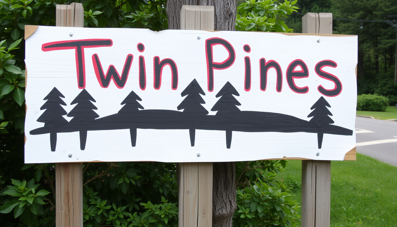 Main art studio: A homemade sign that reads, Twin Pines.
