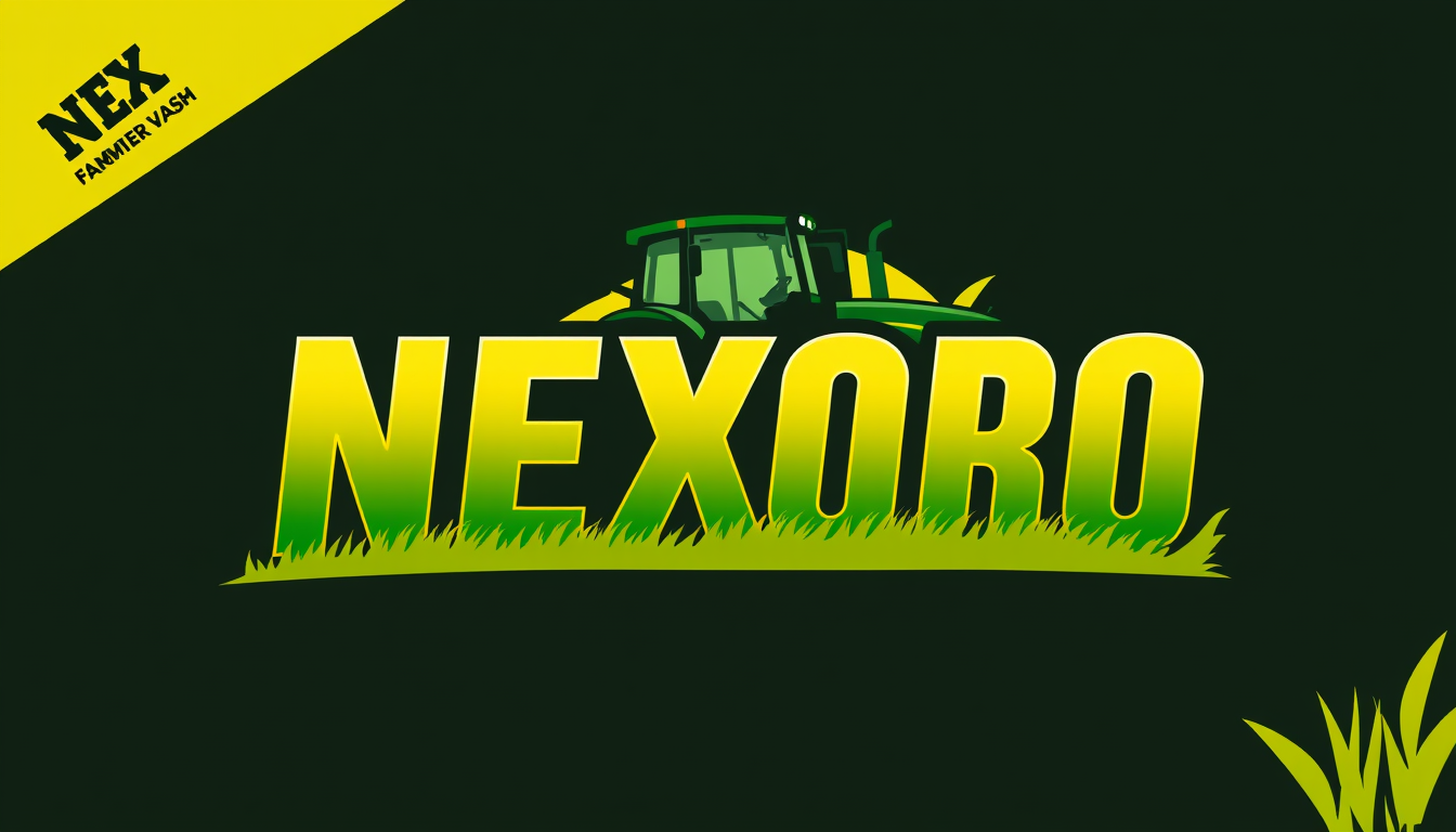 Main art studio: Create a professional farming gaming logo featuring the name “NEXORO” in large, bold, modern lettering. Give it a realistic farm-simulator style with